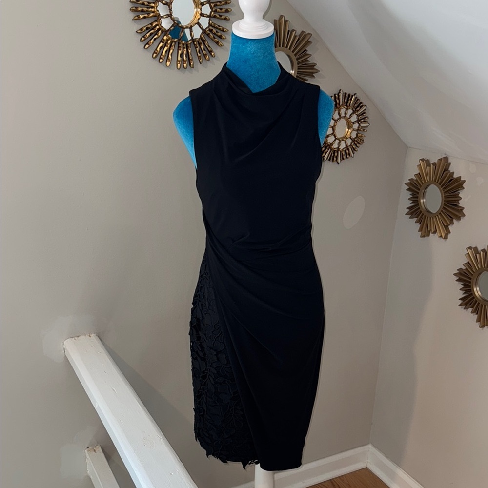 Vera Wang Black Sleeveless Sheath Dress with Mock Neck Collar